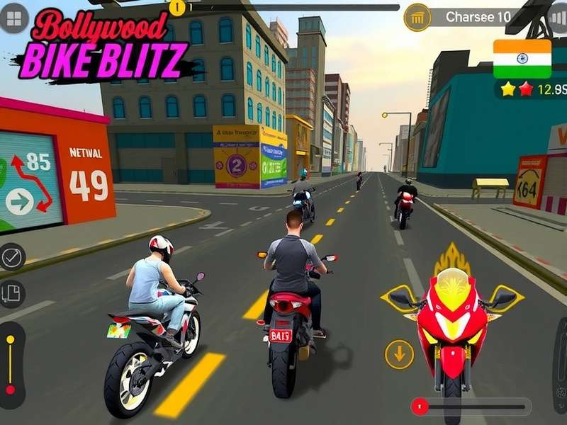 Bollywood Bike Blitz gameplay screenshot showing vibrant Indian city racing